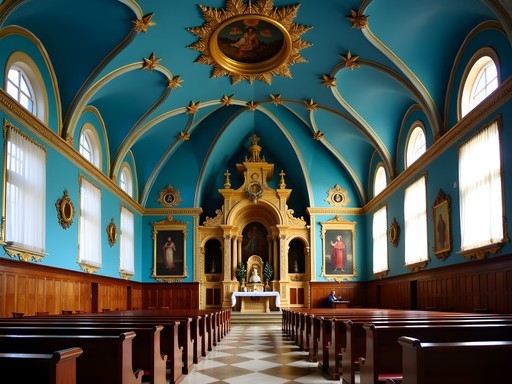 Interior of Epiphany Cathedral in Irkutsk showing blue ceiling with golden stars and ornate iconostasis