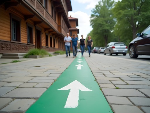 Green Line painted on sidewalk leading to historic wooden buildings in Irkutsk city center