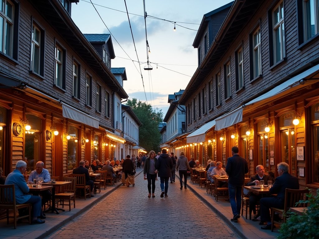 Evening scene in 130 Kvartal district of Irkutsk with restored wooden buildings, restaurants and pedestrians