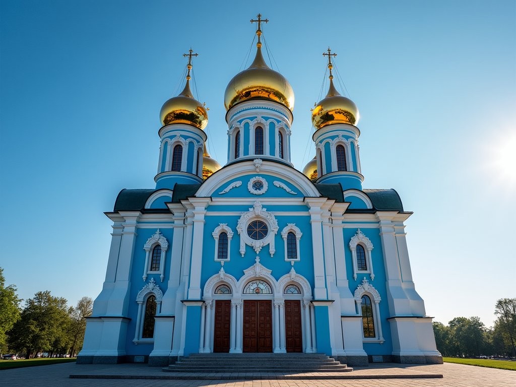 Ornate blue and white Epiphany Cathedral in Irkutsk with golden onion domes against clear summer sky