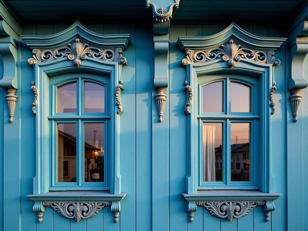 Intricate wooden carved window frames on traditional blue Siberian house in Irkutsk