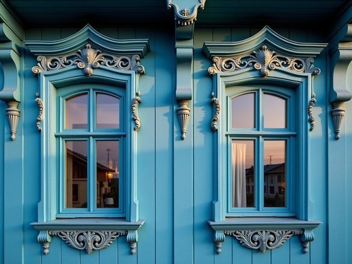 Intricate wooden carved window frames on traditional blue Siberian house in Irkutsk