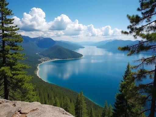 Panoramic view of Lake Baikal from Chersky Stone viewpoint with mountains and clear blue water