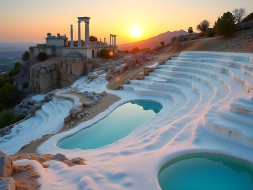 Ancient ruins of Hierapolis overlooking white calcium terraces of Pamukkale at sunset