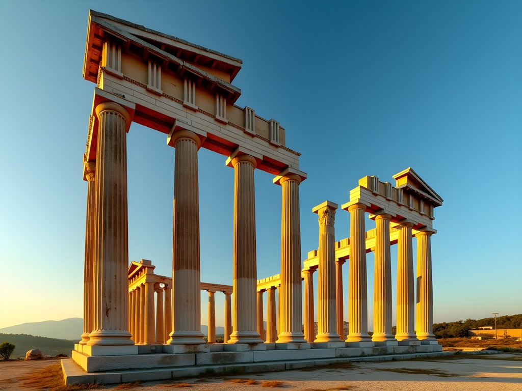 Massive columns of Temple of Artemis at Sardis glowing golden in late afternoon light