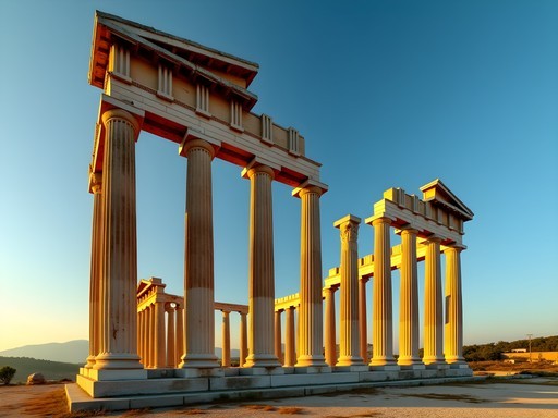 Massive columns of Temple of Artemis at Sardis glowing golden in late afternoon light