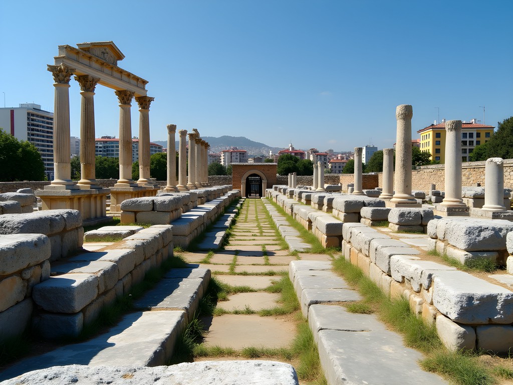 Ancient columns of Smyrna Agora with modern Izmir buildings visible in background
