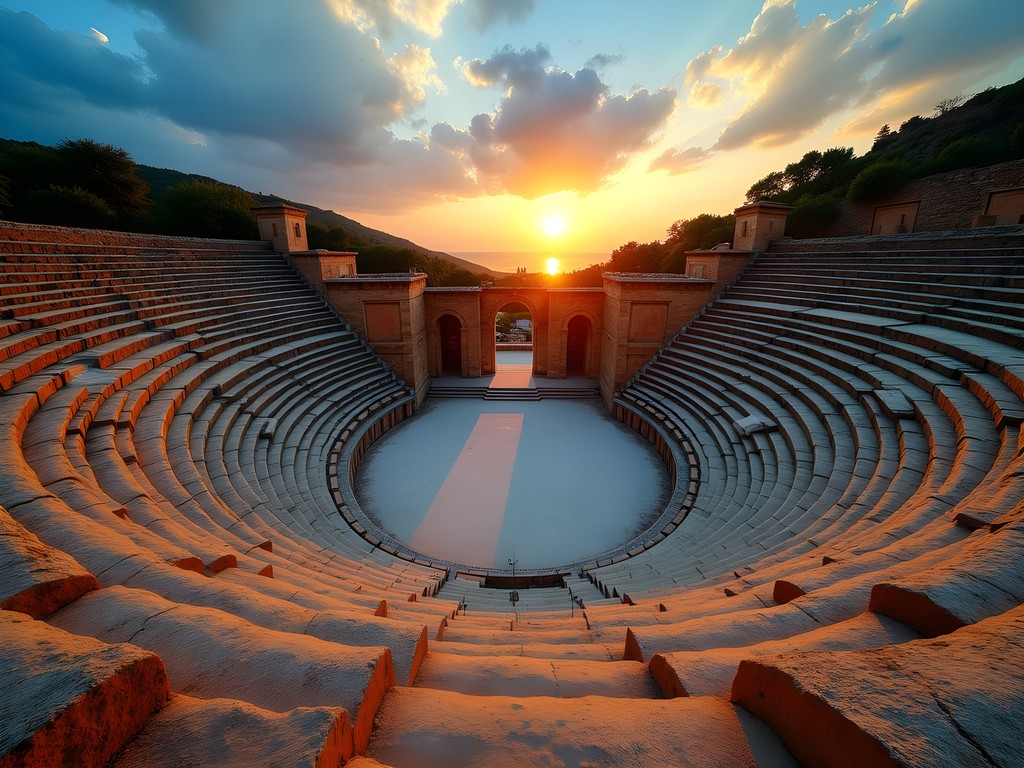 Ancient theater at Teos archaeological site at sunset with no tourists