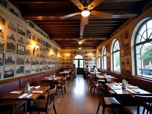 Historic interior of Café Batavia with colonial furnishings and vintage photographs in Jakarta