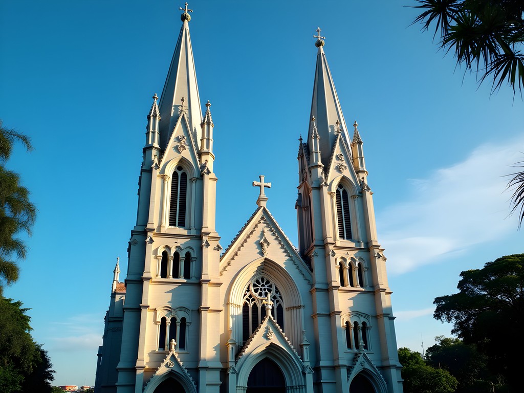 Neo-gothic Jakarta Cathedral with twin spires against tropical sky