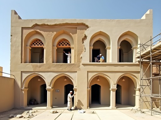 Restoration work in progress on a historic coral building in Al-Balad