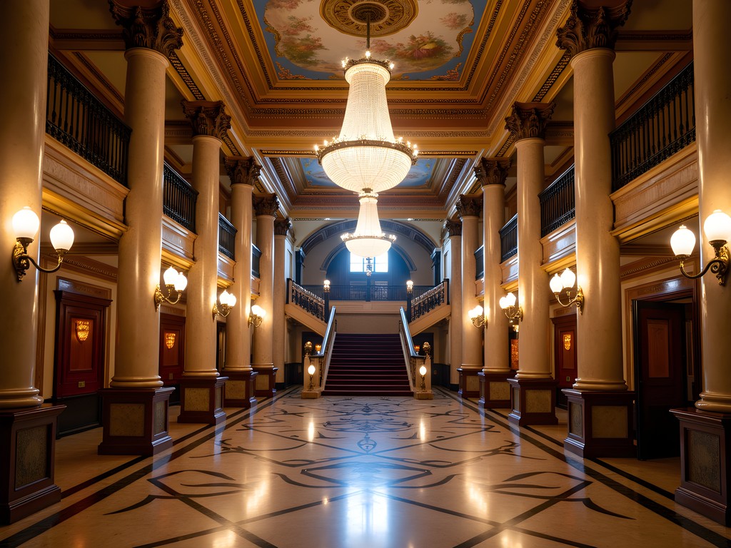 Ornate interior of the historic Rialto Square Theatre in Joliet with crystal chandelier