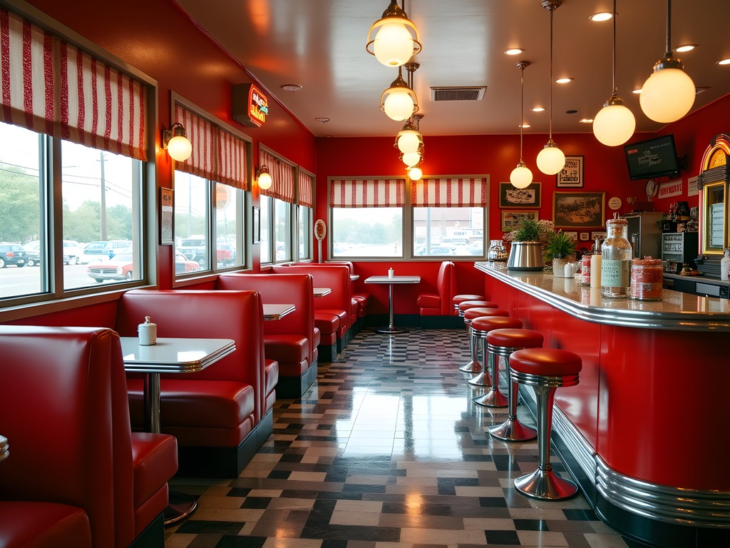 Vintage Route 66 diner in Joliet with classic neon signage and retro decor