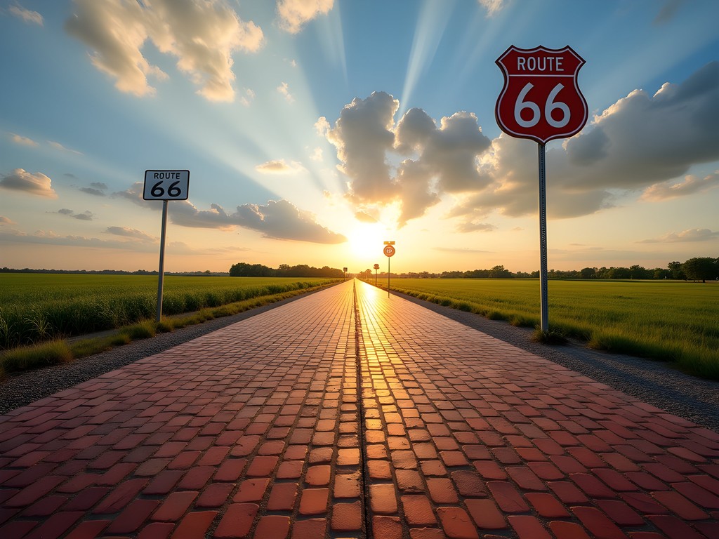 Original brick section of Route 66 called Memory Lane near Joliet with vintage road markers