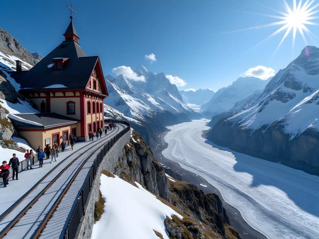 Historic Jungfraujoch railway with observation deck overlooking alpine glaciers