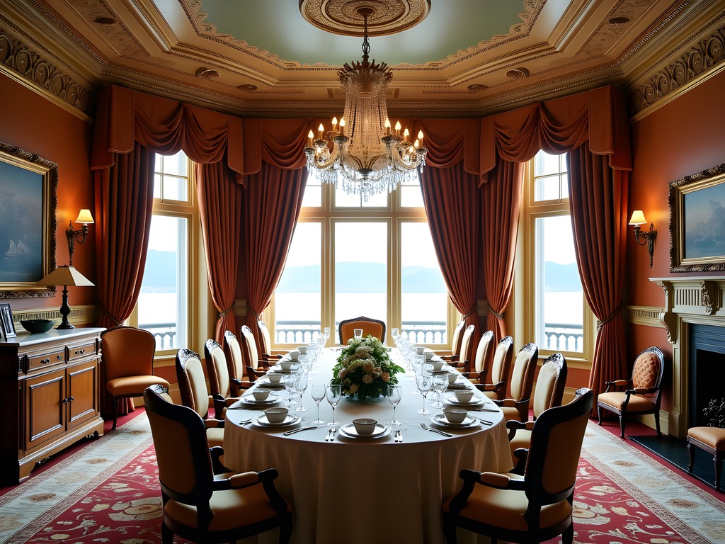 Elaborate formal dining room in Newport Gilded Age mansion with ocean views