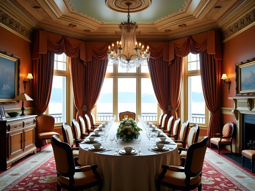 Elaborate formal dining room in Newport Gilded Age mansion with ocean views