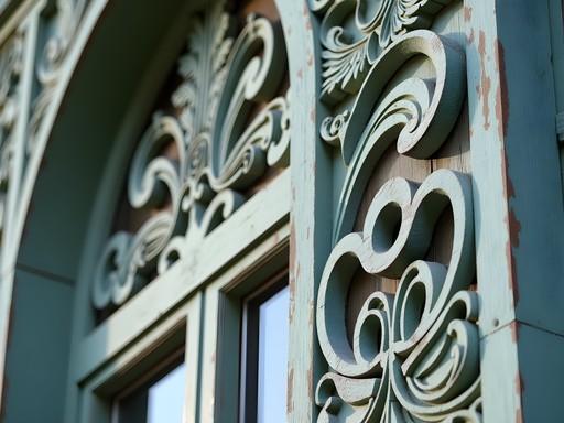 Close-up of intricate wooden carvings and decorative elements on a Jurmala Art Nouveau building