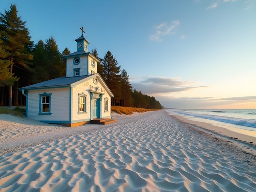 Historic wooden bathing house on Jurmala's white sand beach with Baltic Sea in background