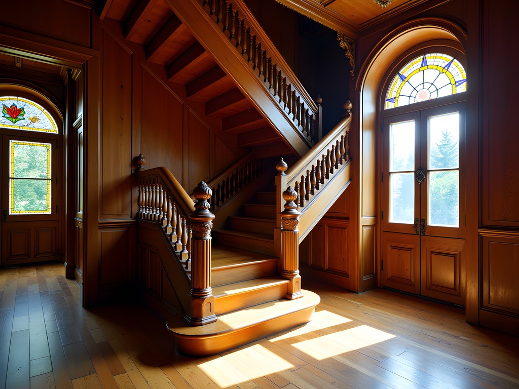 Interior of restored wooden Art Nouveau villa in Jurmala showing ornate wooden staircase and original architectural details
