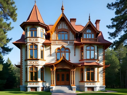 Ornate wooden Art Nouveau villa in Majori district of Jurmala with intricate carvings and decorative elements