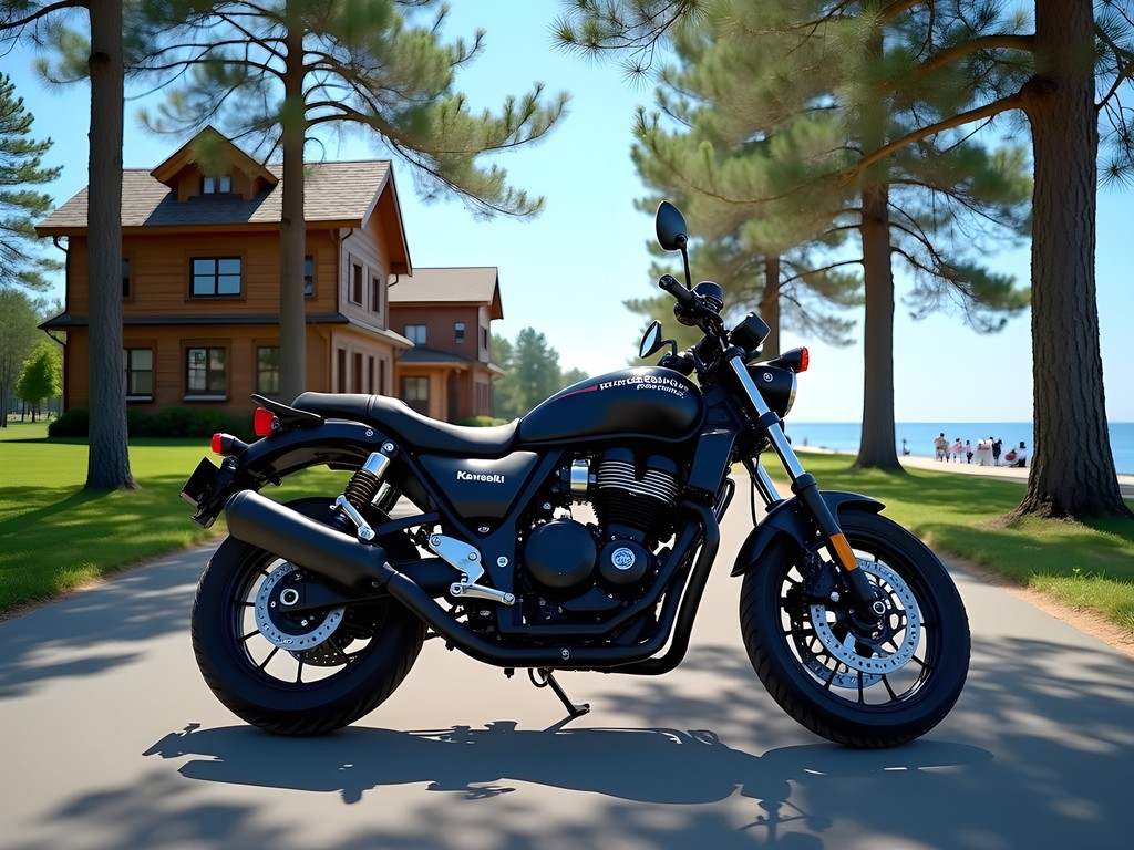 Motorcycle parked along Jurmala's tree-lined coastal road with wooden villas visible in background