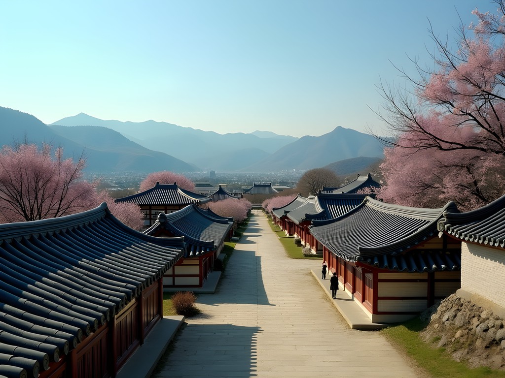 Panoramic view of Kaesong city showing traditional Korean architecture with mountains in background