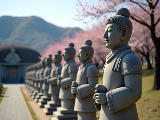 Stone guardian statues at King Kongmin's Tomb in Kaesong with burial mounds in background
