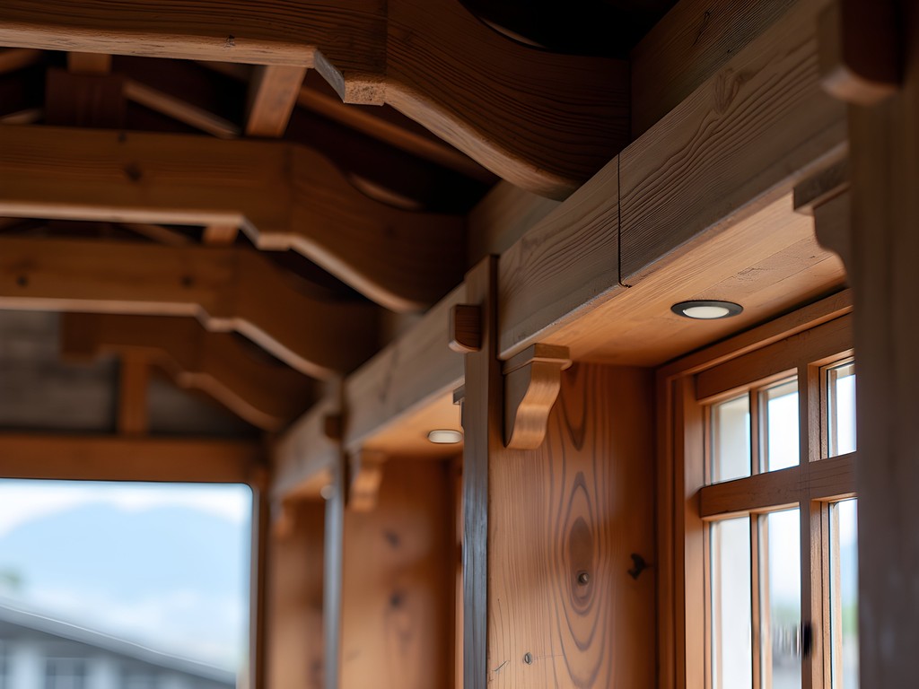 Builder examining traditional Korean wooden joinery systems at Koryo Museum