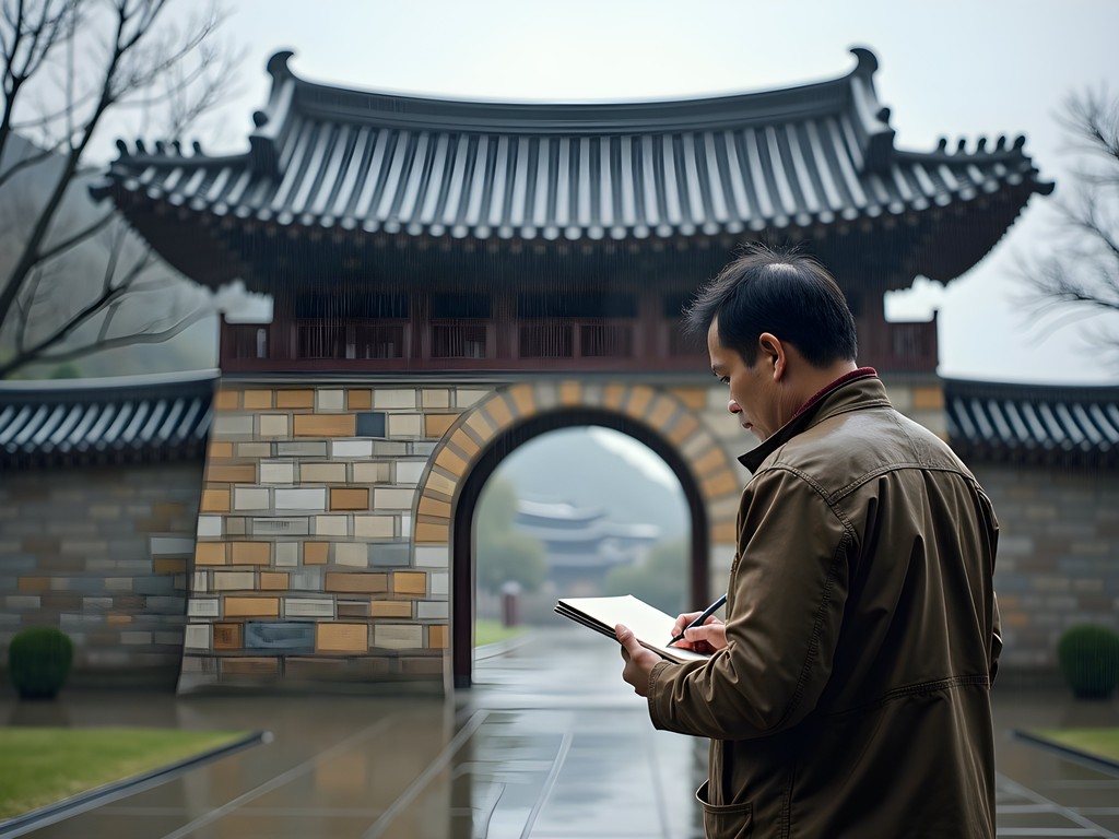Travel blogger sketching architectural details of historic Namdae Gate in Kaesong during spring rain