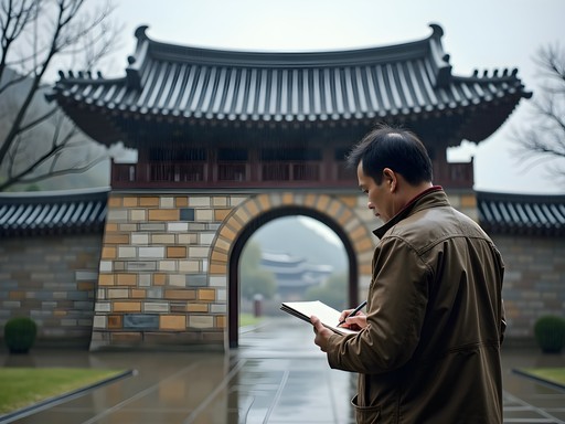 Travel blogger sketching architectural details of historic Namdae Gate in Kaesong during spring rain