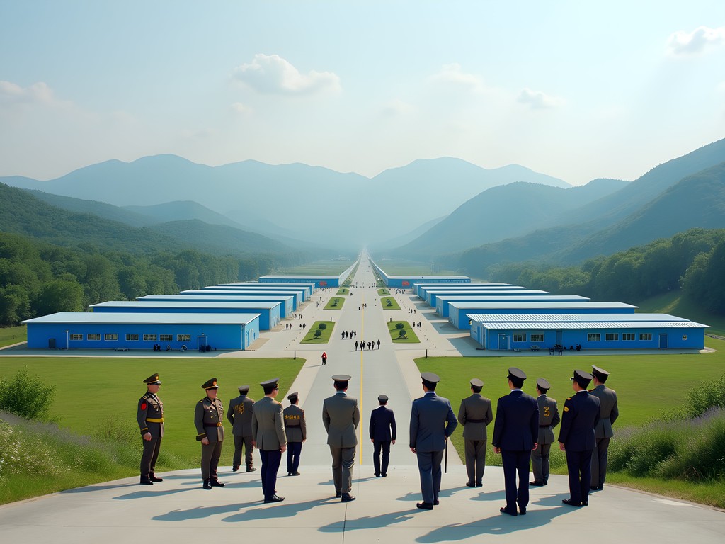 View of the DMZ and Joint Security Area from North Korean side with guide explaining historical context
