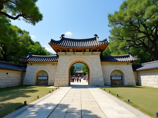 Ancient stone gates marking entrance to historic Kaesong city with tour group