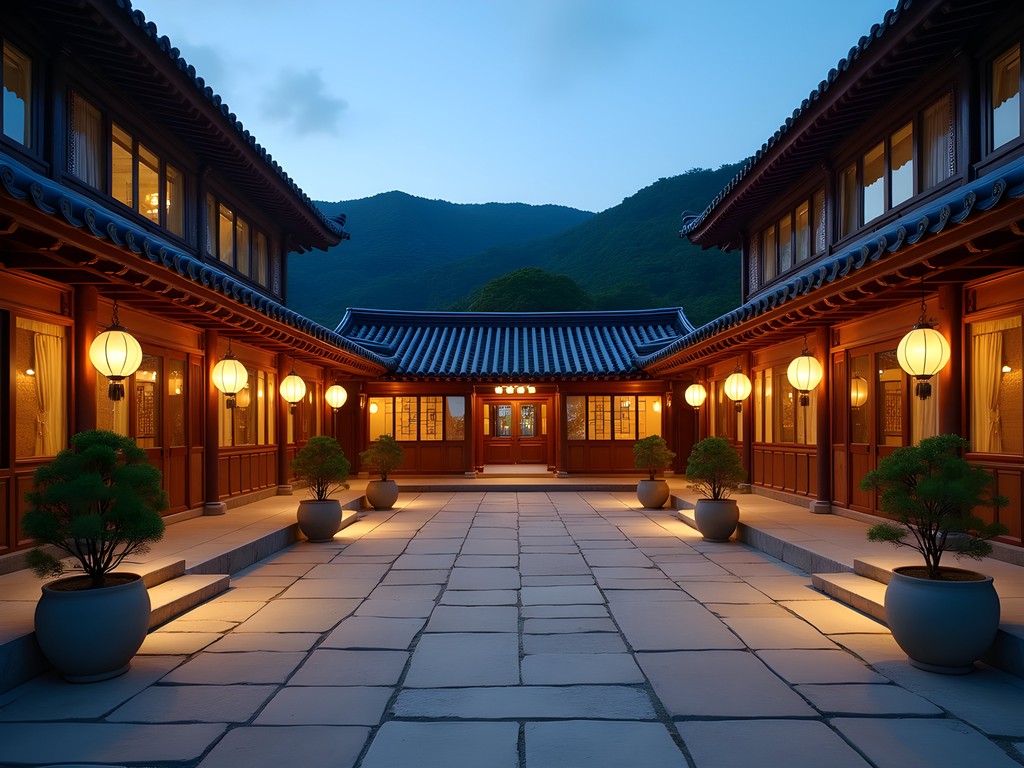 Traditional Korean courtyard at Kaesong Folk Hotel with wooden buildings and evening lighting