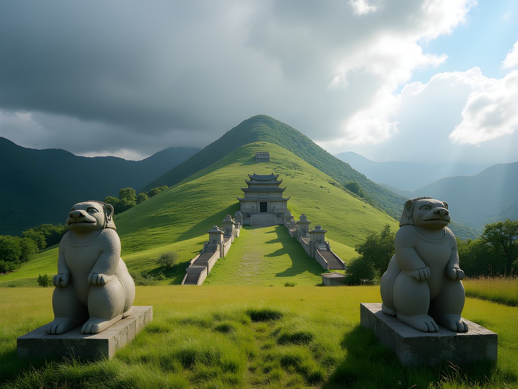 Twin burial mounds of King Kongmin's tomb with stone guardians and summer landscape