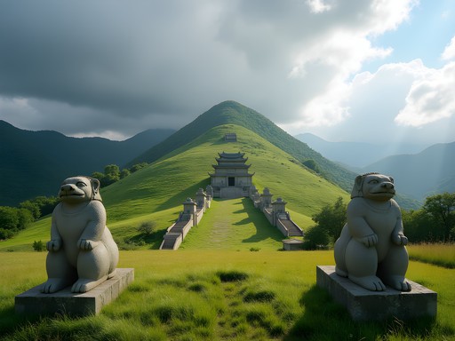 Twin burial mounds of King Kongmin's tomb with stone guardians and summer landscape