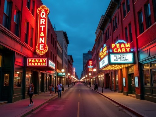 Historic 18th & Vine Jazz District with vintage neon signs in Kansas City