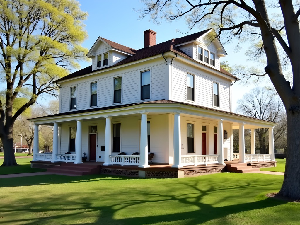 Historic Wornall House Museum in Kansas City with spring flowers blooming