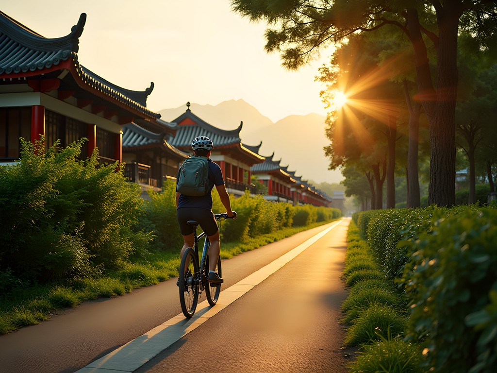 Cyclist on Taichung Greenway path with temple rooftops visible in background