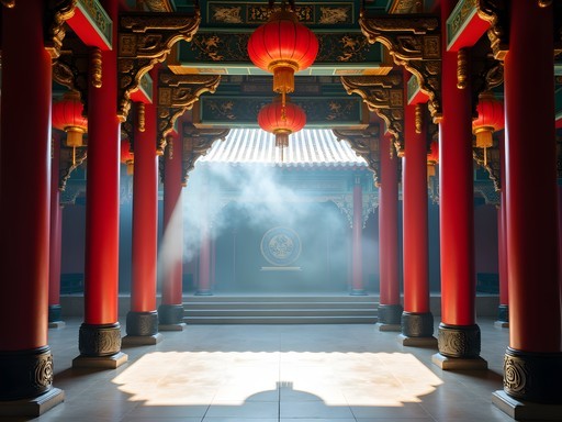 Ornate red and gold decorations at Dajia Jenn Lann Temple in Taichung with incense smoke