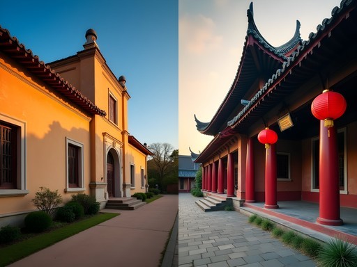 Split image comparing colonial architecture in Kasane with traditional temple architecture in Taichung