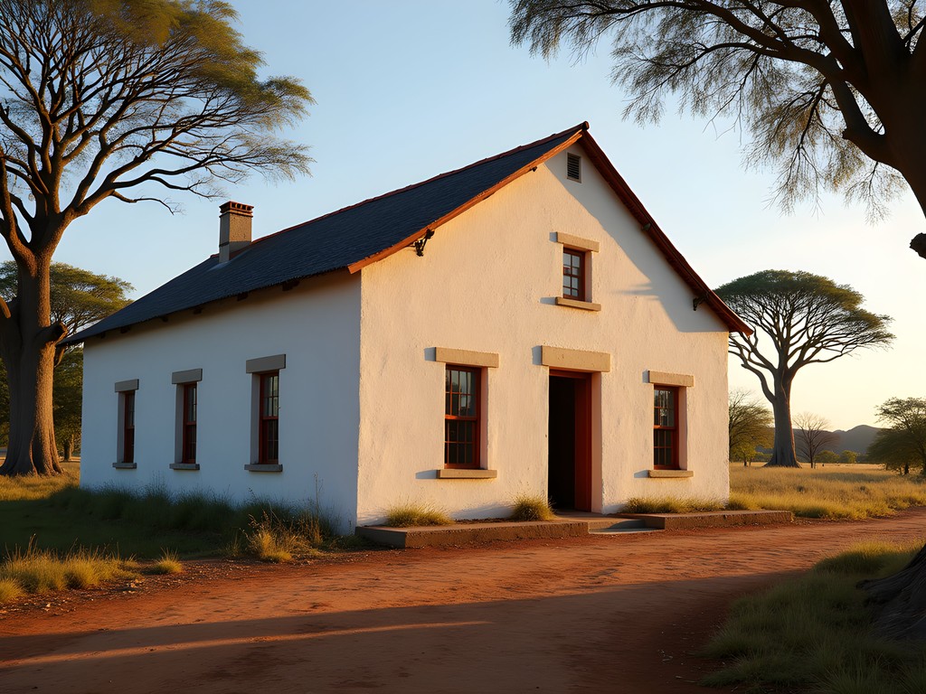 Historic whitewashed colonial police station in Kasane with baobab trees in background