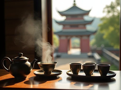 Traditional Taiwanese tea ceremony with ancient temple visible through window