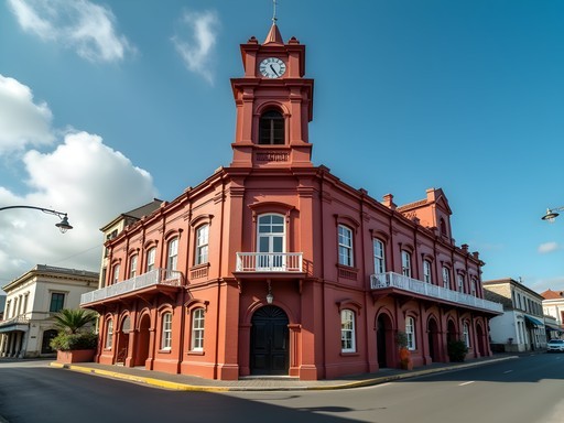 Historic Carnegie Building with red brick architecture and clock tower in downtown Kingstown
