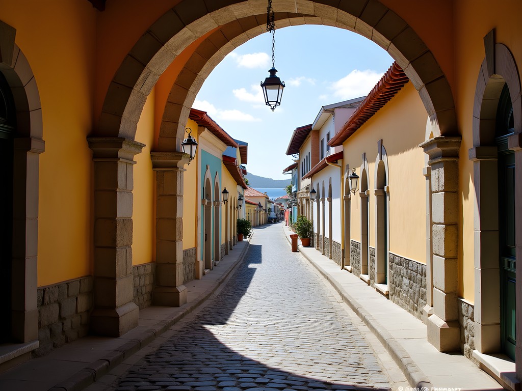 Stone arches and colonial buildings in historic downtown Kingstown