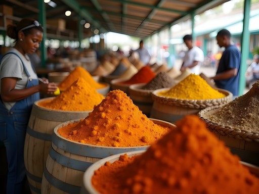 Colorful spice display at Kingstown Market with local vendor