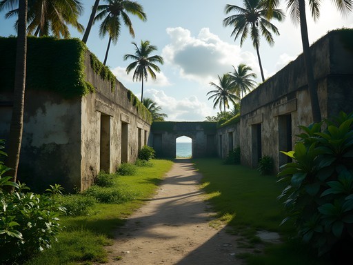 Historic prison ruins on Île Royale with tropical vegetation and Atlantic Ocean views