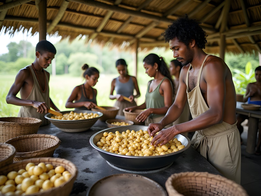 Traditional cassava preparation in Kali'na indigenous community near Kourou