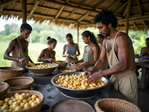 Traditional cassava preparation in Kali'na indigenous community near Kourou