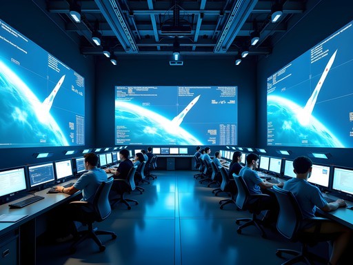 Jupiter Control Centre at Guiana Space Centre with mission control screens and technicians